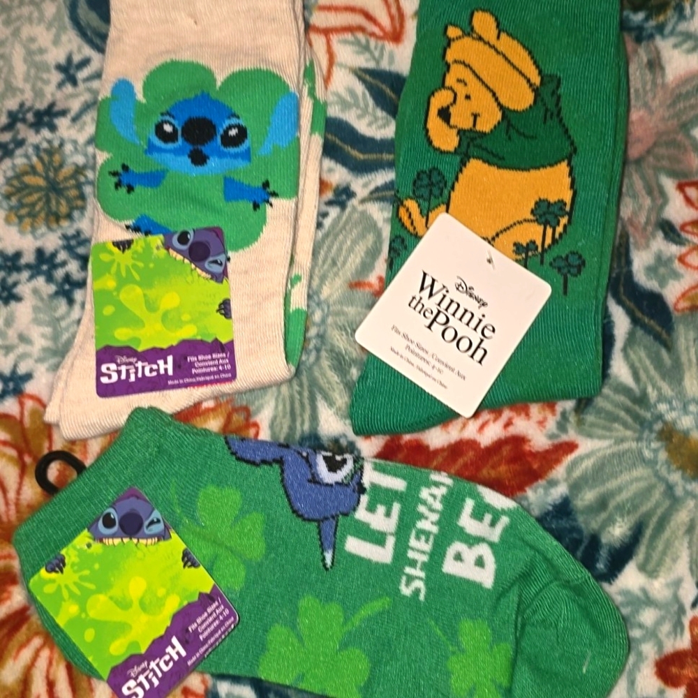 3 Pairs DISNEY ST. PATRICK'S DAY SOCKS- Winnie & Stitch!